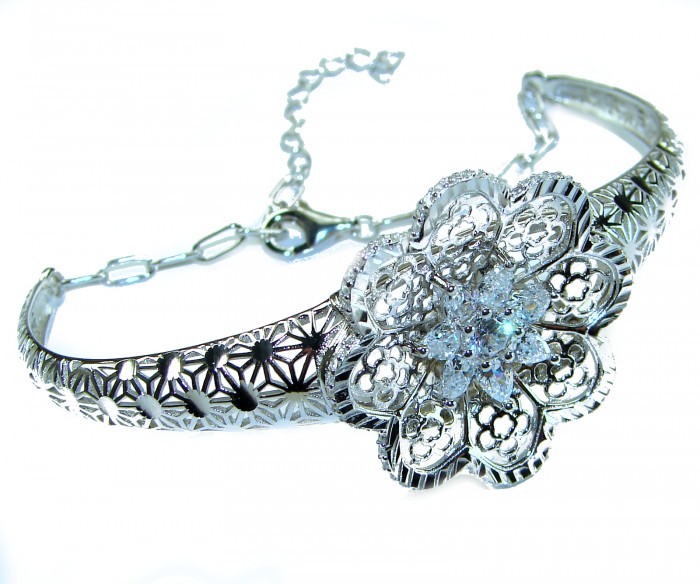 Aphrodite - Solid 2.5 multicolor white Sapphire .925 Sterling Silver handcrafted Bracelet - Close-up of floral design on Aphrodite sterling silver bracelet.