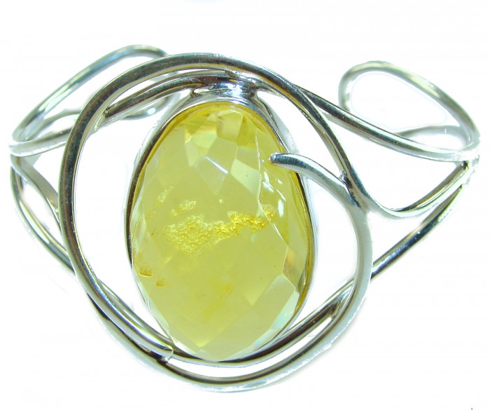 Vintage Design Genuine faceted Butterscotch Polish Amber .925 Sterling Silver handmade Bracelet / Cuff - Front view of vintage silver bracelet with faceted butterscotch amber.