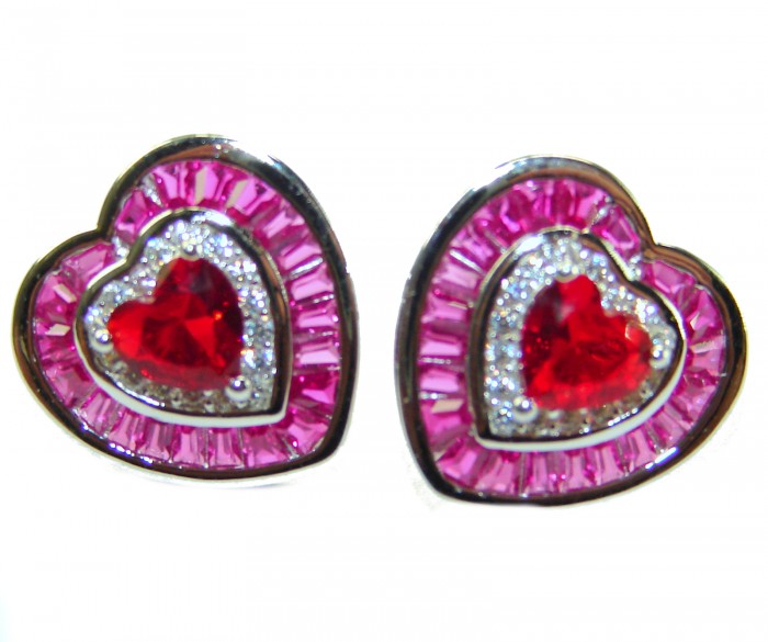 Art deco - My Sweet Heart Natural 2.8 carat Mozambique Garnet .925 Sterling Silver Handcrafted Earrings - Heart-shaped gemstone earrings, front view, pink and red stones.