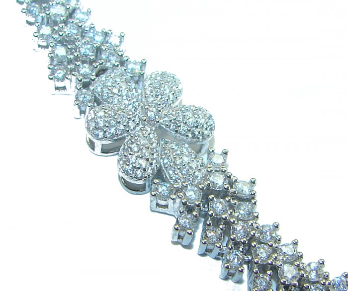 Natural 32.5 carat White Topaz .925 Sterling Silver handmade Statement Bracelet - Close-up of white topaz flower bracelet in sterling silver