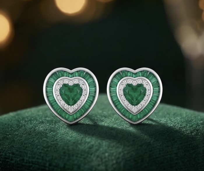 Art deco - My Sweet Heart Natural 2.8 carat Colombian Emerald .925 Sterling Silver Handcrafted Earrings - Heart-shaped emerald earrings with diamond accents, front view.