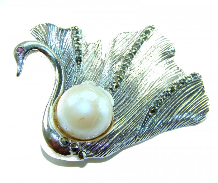 Perfect Swan Pearl Ruby .925 Sterling Silver handmade Pendant Brooch - Side view of swan-shaped sterling silver pendant with pearl and ruby accents.