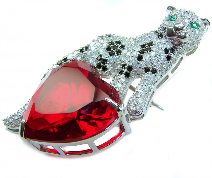 Passionate Love Cheetah authentic 42.5 carat Ruby .925 Sterling Silver Handcrafted pendant brooch - Cheetah brooch with 42.5 carat ruby, front angle view.