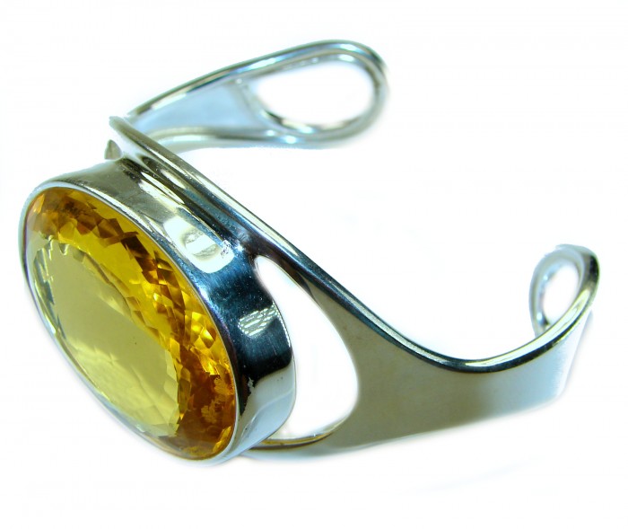 Simplicity 81.5 carat Genuine Lemon Quartz handcrafted .925 Sterling Silver Bracelet / Cuff - Side view of Simplicity cuff with 81.5 carat lemon quartz centerpiece.
