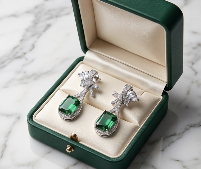 Stella 3.8 carat COLOMBIAN Emerald .925 Sterling Silver handmade Earrings - Emerald earrings in a green box, top view, showcasing stones and design.