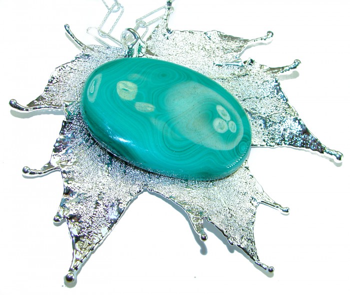Real Leaf dipped in real SILVER 38.5 carat Malachite .925 Sterling Silver handcrafted Necklace - Silver-dipped leaf pendant with malachite, front angle.