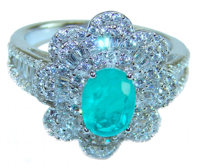 Authentic 3.7 carat Colombian Emerald .925 Sterling Silver handcrafted Ring size 7 - Emerald ring close-up with diamond accents, .925 sterling silver.