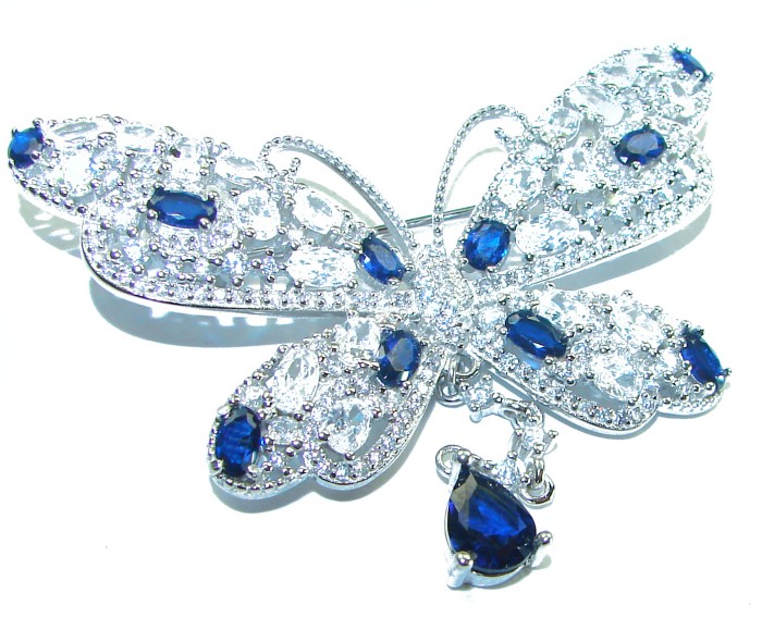 Vintage Design - Blue Butterfly - Genuine 10.2 carat Sapphire 14k White Gold over .925 Sterling Silver handmade Pendant Brooch - Vintage butterfly brooch with sapphires, top view, 10.2 carat total.