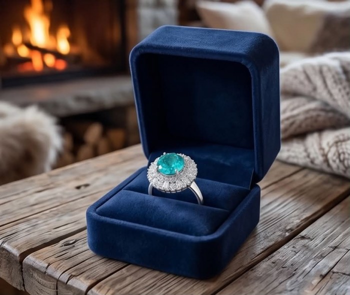 Wonderland 10.5 carat Brazilian Paraiba Tourmaline .925 Sterling Silver Handcrafted Ring size 9 - Paraiba tourmaline ring in blue box by fireplace, side view.