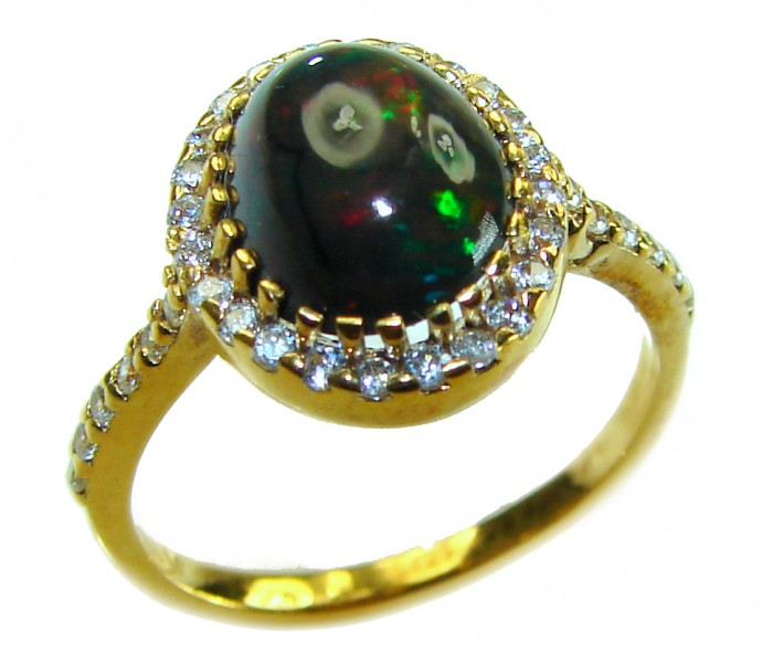 A COSMIC POWER Genuine 5.2 carat Black Opal 18K Gold over .925 Sterling Silver handmade Ring size 6 - Black opal ring, 18K gold, front angle with stone and diamond details