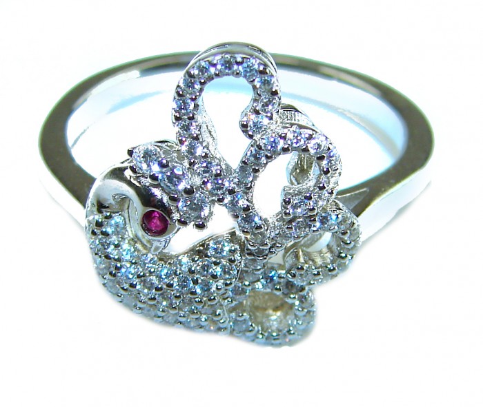 Graceful Swan White Topaz .925 Sterling Silver handcrafted ring size 9 - Front view of Graceful Swan ring with topaz in sterling silver.