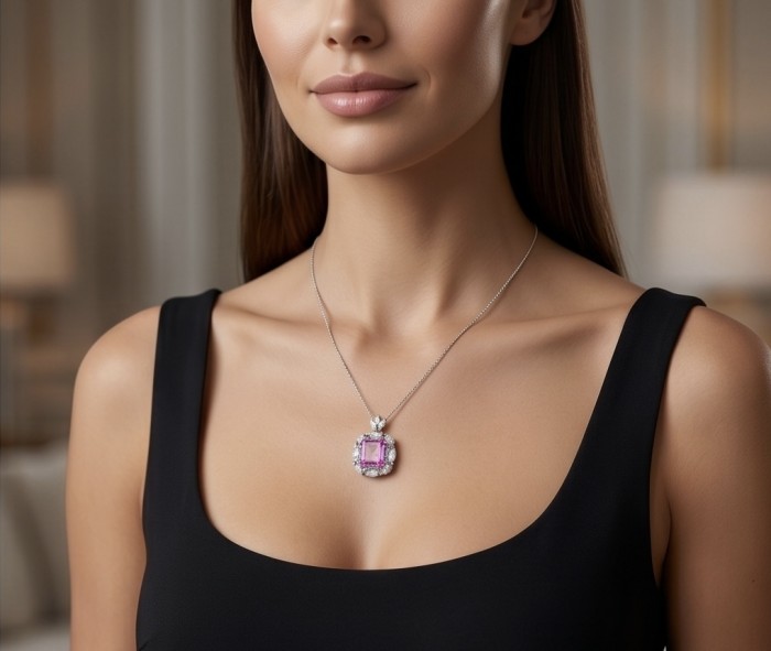 Vintage style boquette cut 12.8 carat Pink Sapphire .925 Sterling Silver DIPPED IN RHODIUM handmade Pendant - Worn pink sapphire pendant necklace on woman's neck.
