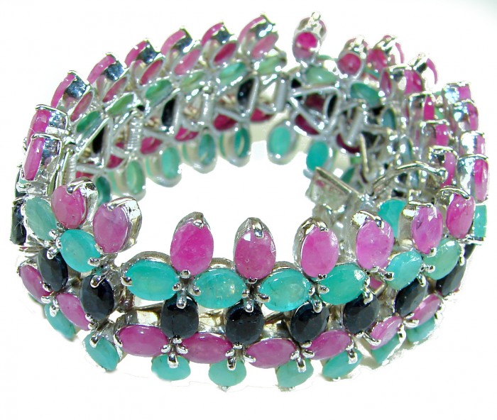 Carmen - Precious Natural 148.5 carat Ruby Emerald Sapphire .925 Sterling Silver handcrafted bracelet - photo 1