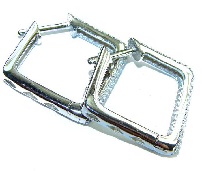 Allure Natural 8.2 carat White Topaz .925 Sterling Silver handcrafted hoop earrings - Square silver hoop earrings with white topaz, angled view.