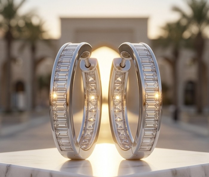 Allure Natural 8.2 carat White Topaz .925 Sterling Silver handcrafted hoop earrings - Side view of Allure 8.2 carat White Topaz hoops in sterling silver