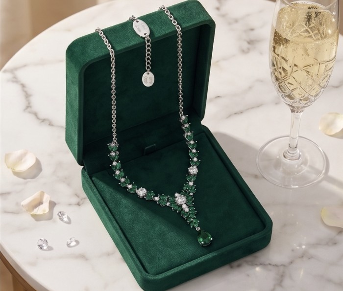 Giovanna - Authentic 12.9 carat COLOMBIAN EMERALD .925 Sterling Silver handcrafted necklace - Emerald necklace in green box on marble table with champagne glass.