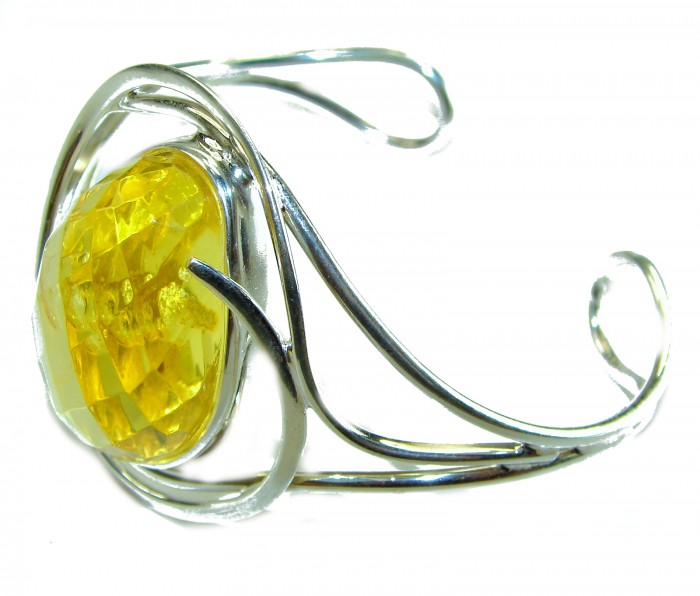 Vintage Design Genuine faceted Butterscotch Polish Amber .925 Sterling Silver handmade Bracelet / Cuff - Side view of vintage bracelet with faceted butterscotch amber stone