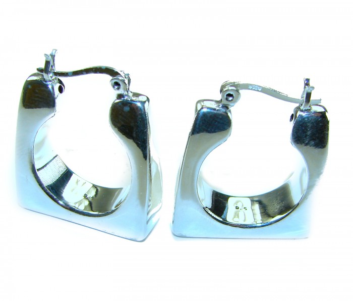 LARGE - EXTRAVAGANZA - Highly Polished Fancy .925 Sterling Silver Italy made Earrings - Square sterling silver hoops, front view, highly polished finish.