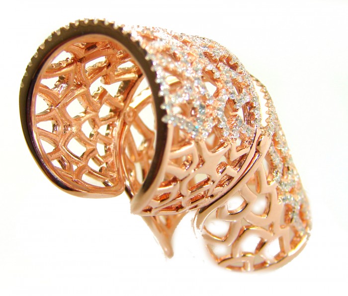 Pure Celestial Energy Natural 14.4 carat White Topaz 18K Rose Gold over .925 Sterling Silver handmade Statement Ring size 7 - Intricate rose gold ring design close-up with topaz stones