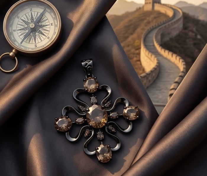 Conqueror Authentic 9.5 carat carved 10.8 CARAT Smoky Topaz black rhodium over .925 Sterling Silver handmade Statement Pendant - Top-down view of Smoky Topaz pendant on fabric with compass and background.