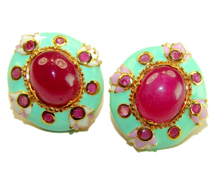 Countless Blessings Genuine 8.5 carat Authentic Ruby mint enamel 18K Gold over .925 Sterling Silver handcrafted earrings - Close-up of Countless Blessings earrings with red rubies on mint enamel.