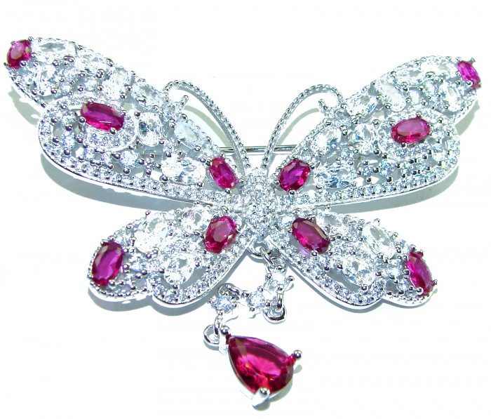 Vintage Design - Red Butterfly - Genuine 10.2 carat Ruby 14k White Gold over .925 Sterling Silver handmade Pendant Brooch - Butterfly brooch with rubies and diamonds, overhead view
