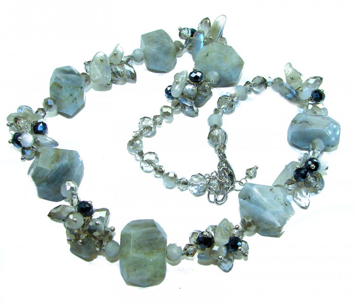 One of the kind great Tourmalinated Quartz Spinel .925 Sterling Silver necklace - Tourmalinated quartz necklace with spinel beads, top view.