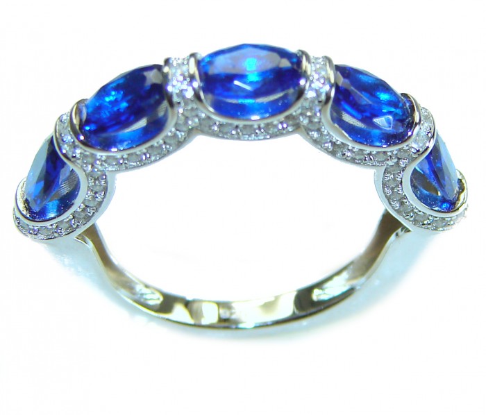 Extravaganza 4.5 carat White Topaz Sapphire .925 Sterling Silver brilliantly handcrafted ring s. 6 1/2 - Side view of Extravaganza ring with blue sapphires and white topaz stones.