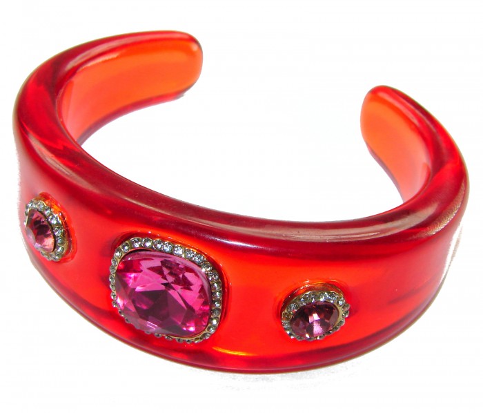 Candy Store - Modern Design Natural Red Raisin Pink Topaz .925 Sterling Silver bracelet - Side view of red cuff bracelet with pink topaz stones.
