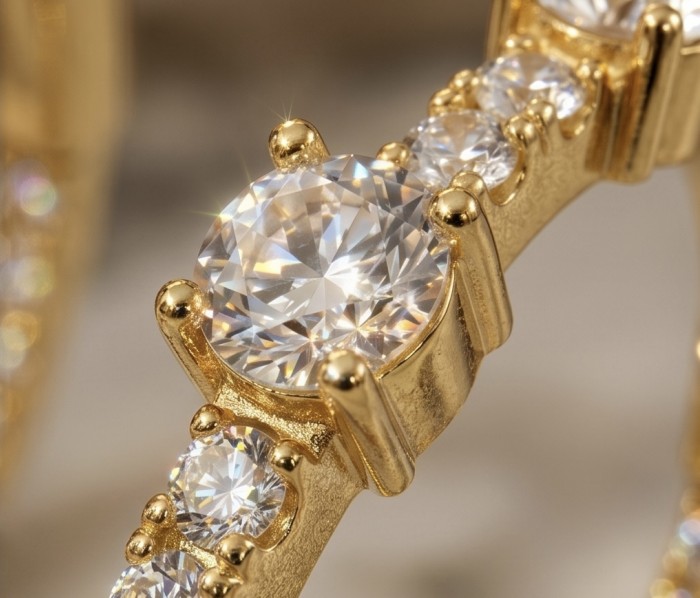 Allure Natural 4.2 carat White Topaz .925 Sterling Silver dipped in 14K Gold handcrafted hoop earrings - Stone close-up of Allure Natural 4.2 carat White Topaz in gold setting