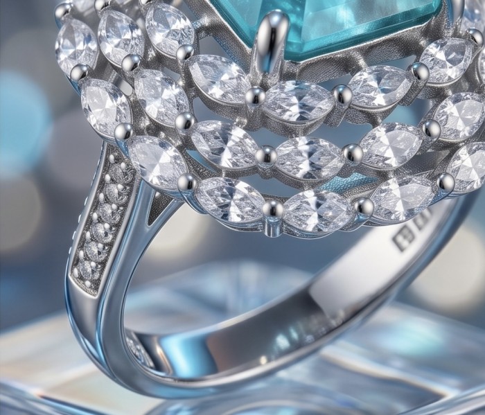 5.8 carat natural Colombian Emerald 7.9 carat Moissanite .925 Sterling Silver handmade Statement Ring size 8 - Close-up of a ring with emerald and moissanite stones, side detail