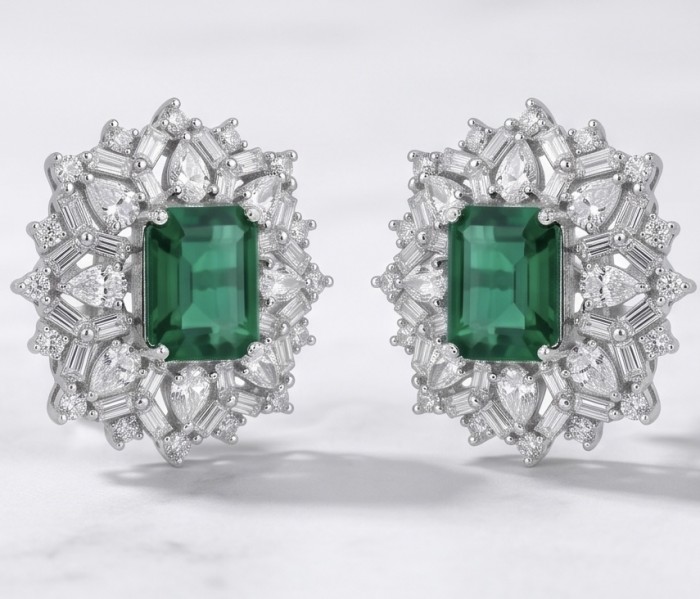 Giovanna - Authentic 7.9 carat COLOMBIAN EMERALD .925 Sterling Silver dipped in rhodium handcrafted earrings - Emerald earrings front view, 7.9 carat, sterling silver detailing.