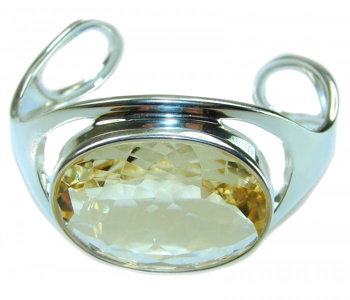 Simplicity 85.5 carat Genuine Lemon Quartz handcrafted .925 Sterling Silver Bracelet / Cuff - Close-up of silver bracelet with large lemon quartz stone.