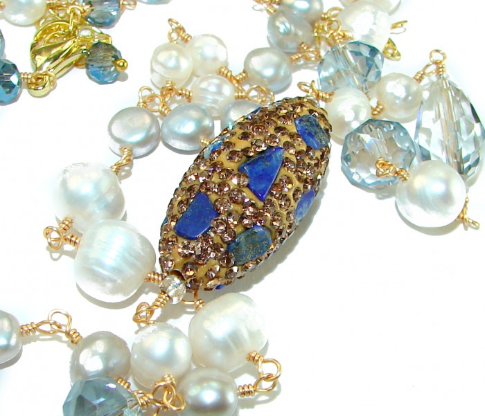 Precious genuine Mother of Pearl London Blue Topaz .925 Sterling Silver handcrafted Necklace - photo 1