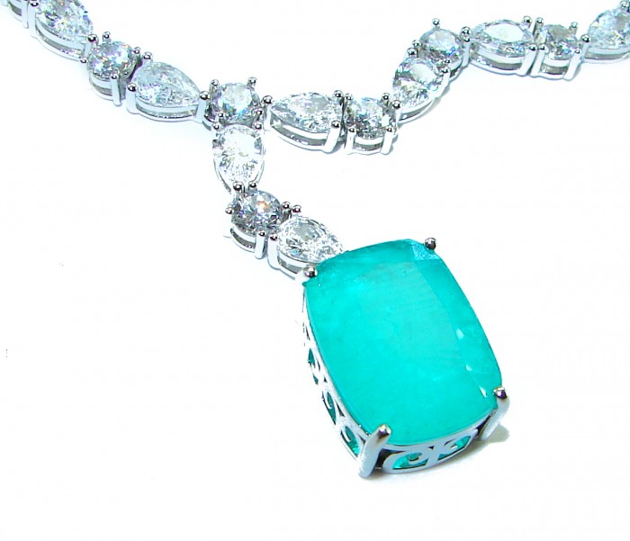 Born to Glam authentic 10.9 carat Colombian Emerald .925 Sterling Silver handcrafted Statement necklace - Close-up of Colombian emerald necklace with diamond accents