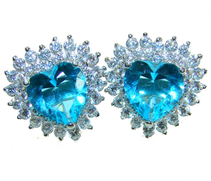Angel's Heart 4.7 carat Swiss Blue Topaz .925 Sterling Silver Handcrafted earrings - Close-up of Angel's Heart blue topaz earrings with diamond accents.