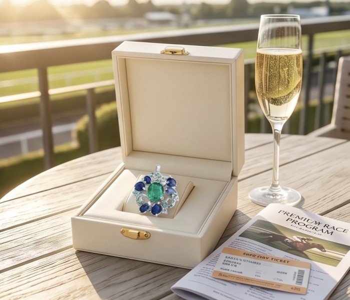 Giovanna - Victorian style - 29.5 carat Authentic Emerald .925 Sterling Silver handcrafted Pendant Brooch - Victorian style ring with emerald in a box on table with champagne and program.