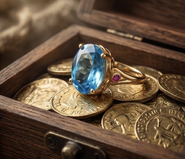 Conqueror Natural 34.8 carat Swiss Blue Topaz Enamel .925 Sterling Silver dipped in 22K Gold handmade Statement Ring size 8 - Blue Topaz ring with gold coins, top view in wooden box.