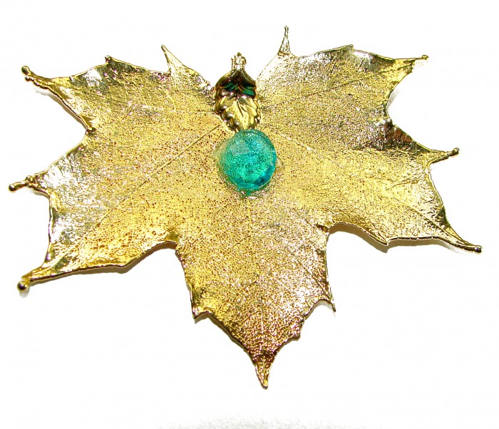 Rain Drop REAL Leaf dipped in Sterling Silver and 14K Gold Blue Topaz & .925 Sterling Silver Pendant - photo 1