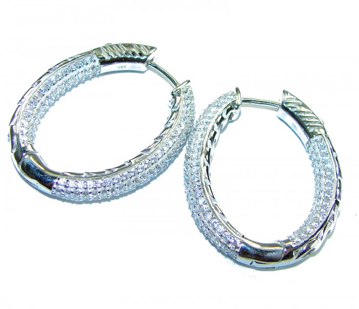 White Topaz .925 Sterling Silver handmade Bali made Earrings - Side view of white topaz sterling silver Bali hoop earrings