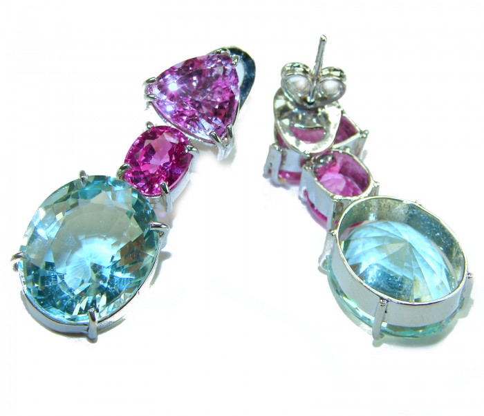 Outstanding Beauty authentic 25.2 carat Green Amethyst Pink Sapphire .925 Sterling Silver handcrafted earrings - 25.2 carat green amethyst pin with pink stones, side view.