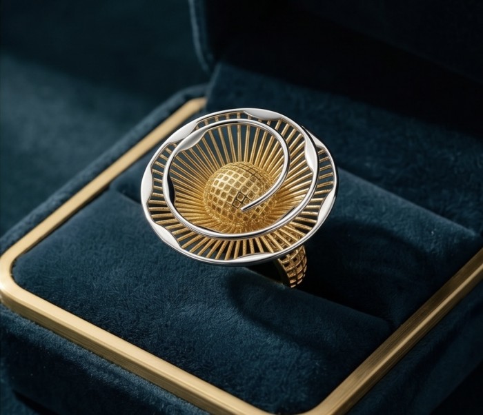 Dubai Style - .925 Sterling Silver dipped in 22K Gold handmade Large ring size 7 - Close-up of gold-dipped sterling silver ring in jewelry box.