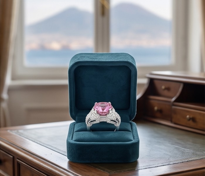 Anastasia 10.2 carat Pink Sapphire .925 Sterling Silver dipped in Rhodium Handcrafted Statement Ring size 8 - Pink Sapphire ring in box, front view, on desk with blurred background