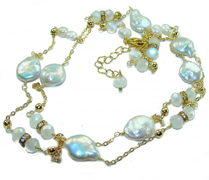 34 inches Outstanding Brazilian Mother of pearl .925 Sterling Silver handcrafted Statement necklace - Gold chain with pearls and crystals, displayed in a coiled arrangement.