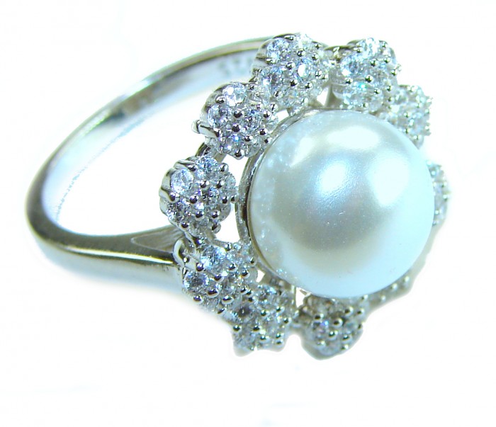 White Flower freshwater Pearl .925 Sterling Silver brilliantly handcrafted ring s. 8 - Close-up of white pearl ring with diamond accents in silver setting.