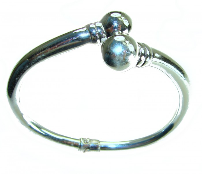 Fancy .925 Sterling Silver handcrafted Statement Italy made Bracelet / Cuff - Front view of sterling silver statement bangle with round ends.