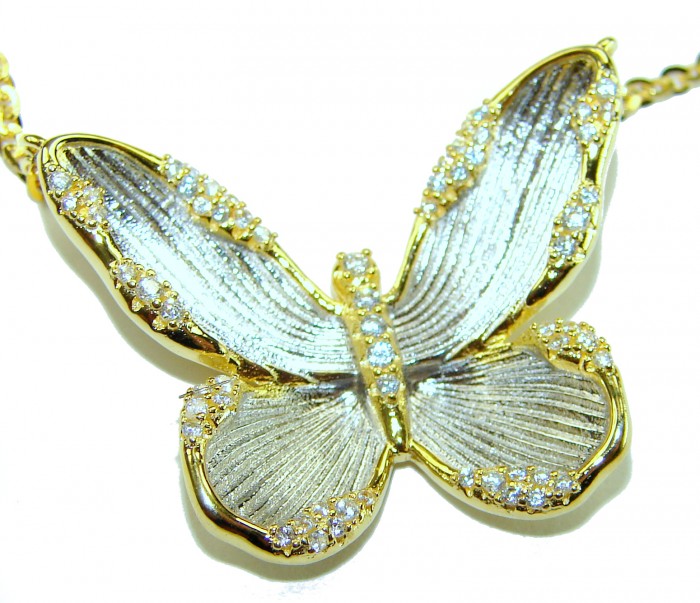Golden Butterfly White Topaz highly polished 18K Gold over .925 Sterling Silver Italy made necklace - Close-up of a golden butterfly necklace with white topaz accents.