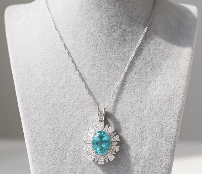 Wonderland 6.2 carat fancy oval cut Paraiba Tourmaline .925 Sterling Silver Handcrafted Statement necklace - Necklace with Paraiba Tourmaline pendant on display bust frontal view