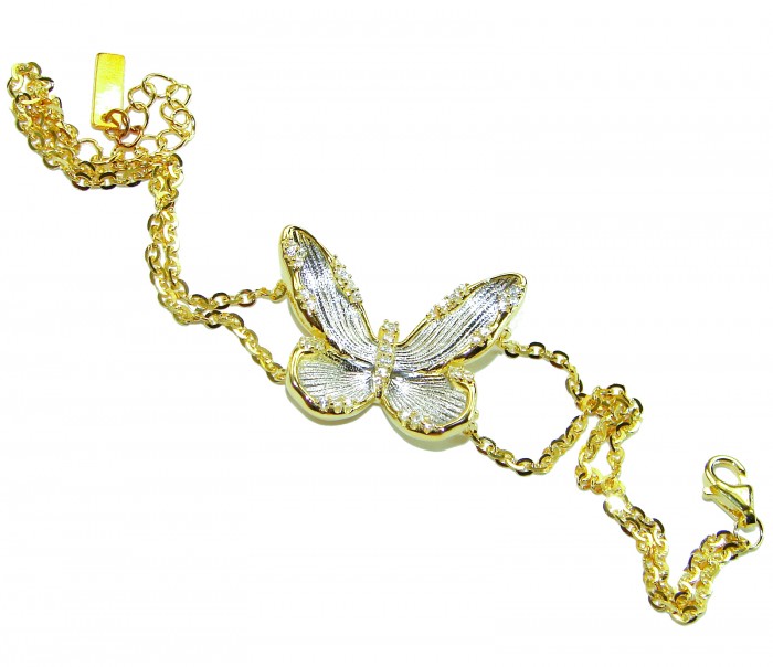 Golden Butterfly White Topaz highly polished 18K Gold over .925 Sterling Silver Italy made bracelet - Golden butterfly bracelet with topaz stones on a chain, front view.