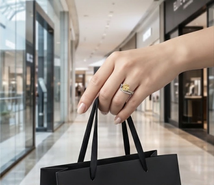 Golden Treasure 4.5 carat Citrine .925 Sterling Silver Handcrafted Ring size 8 - Citrine ring on hand holding shopping bag, showcasing stone and setting.